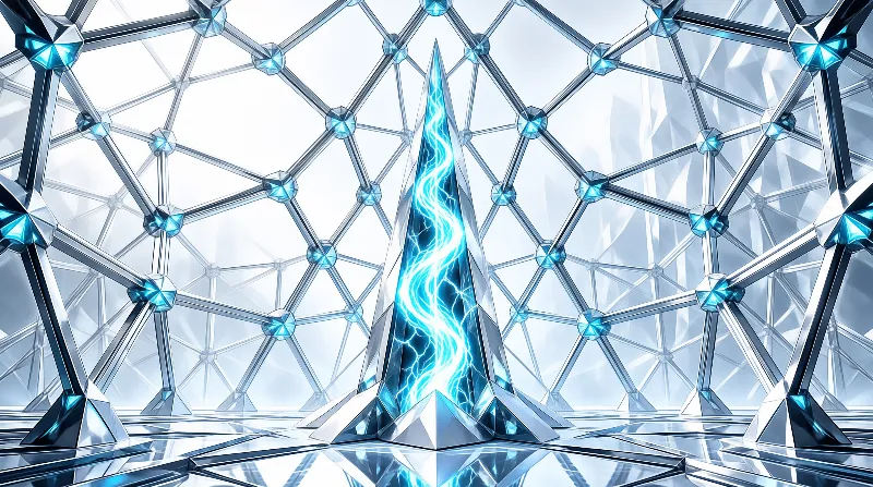 A jagged crystal column channels bright blue electricity inside a vast silver lattice structure.