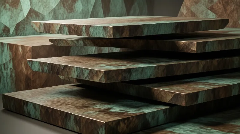 Rectangular metal plates stack horizontally, featuring hammered copper textures and green patina in soft light.