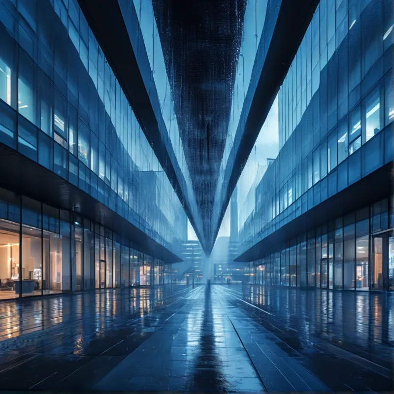 Rain-slicked corridor between glass facades, lit by cool blue light and warm interior lights reflecting on the wet pavement.