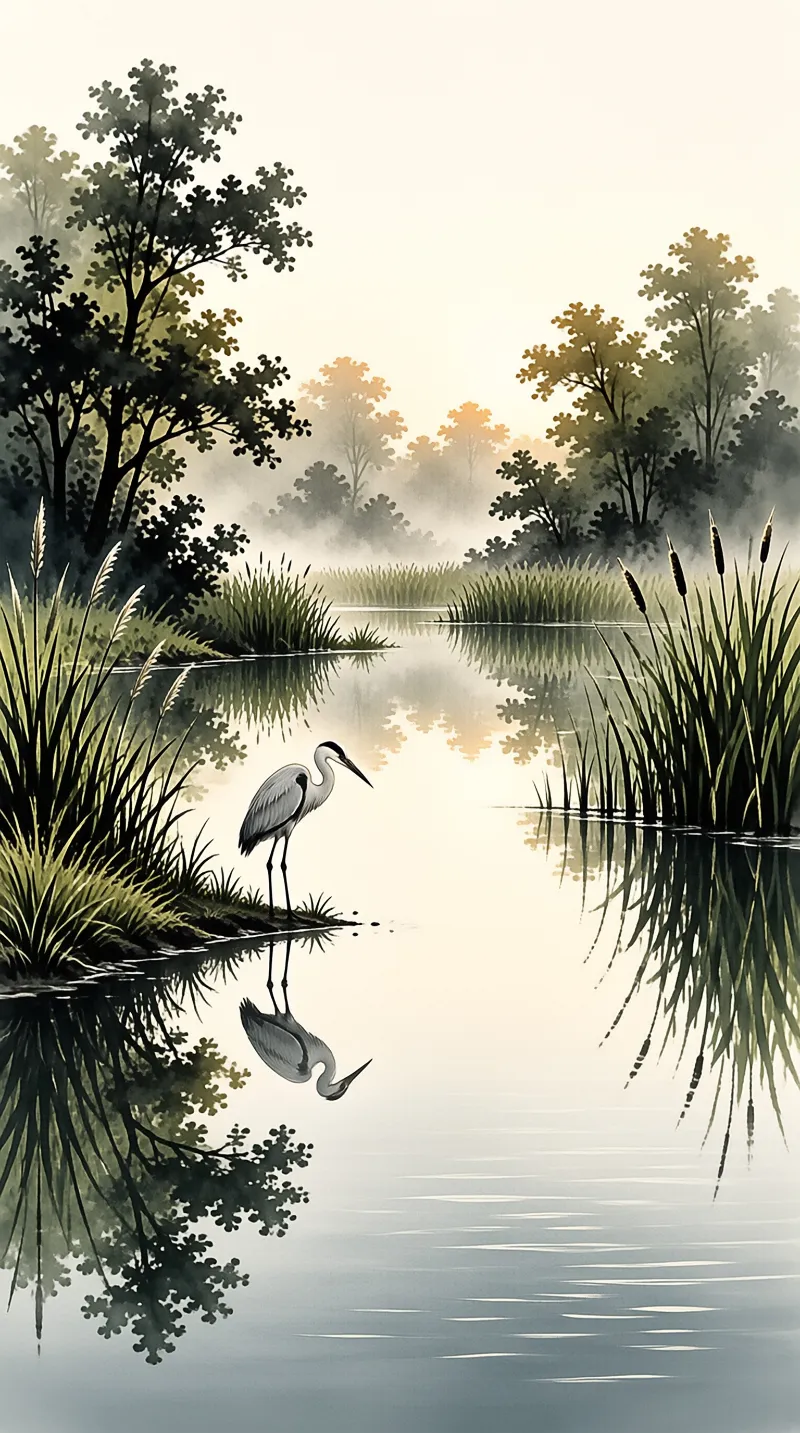 A great blue heron stands on a misty wetland bank as golden light reflects off the calm water among reeds and autumn trees.
