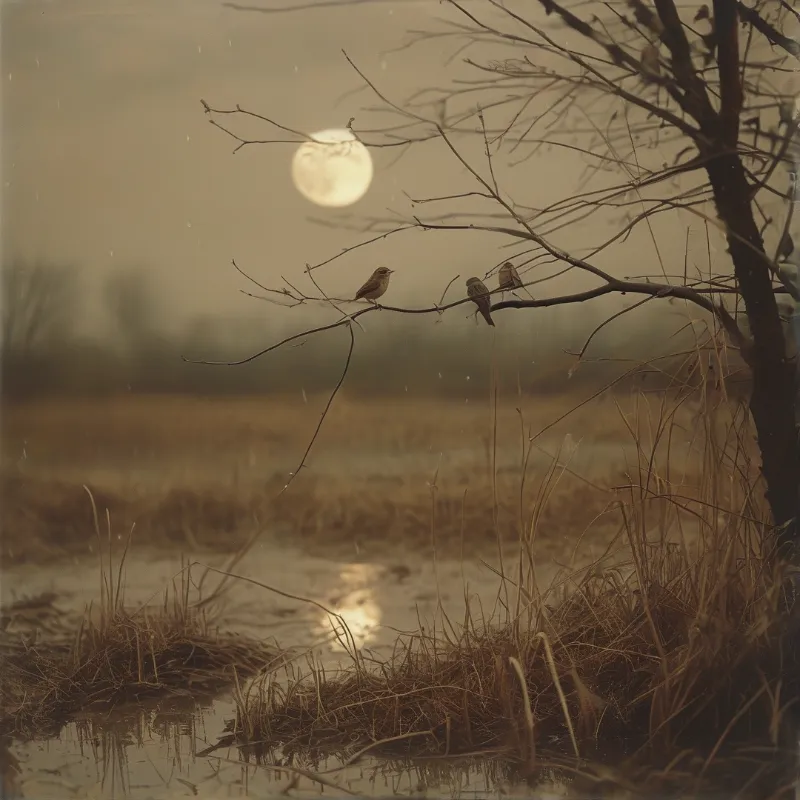 Small brown birds sit on a leafless twig above a flooded meadow while a full moon hangs in sepia haze.