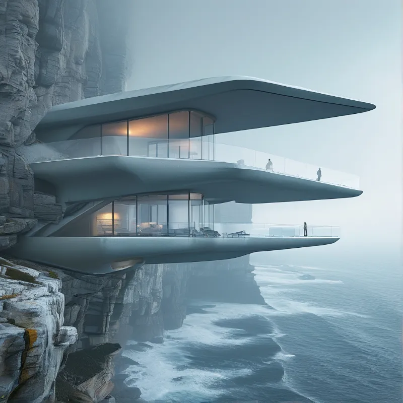 A sleek white building with curved balconies is built into a rocky cliff face overlooking the ocean in thick fog.