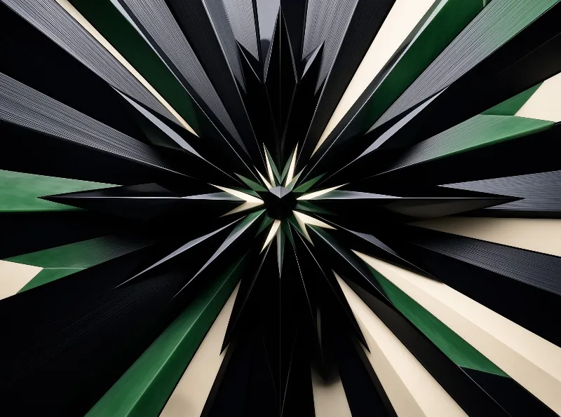 This abstract composition features a radial starburst design where sharp angular shapes radiate from a central dark point while strips of textured material resembling stacked paper in shades of grey, cream, and deep green contrast against glossy black triangular shards that create a dynamic sense of motion and depth.