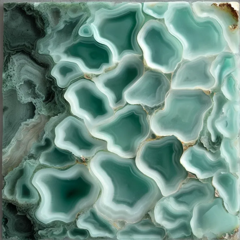 A close-up view of polished teal jasper displaying intricate concentric rings and smooth white edges throughout the square frame.