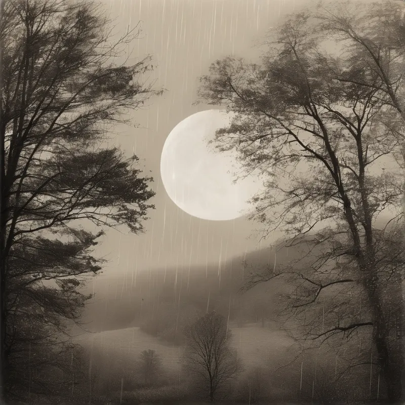 A bright full moon shines through heavy rain falling over a dark forest landscape with silhouetted trees.