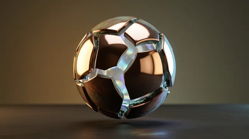 A faceted metallic ball floats above a dark surface with soft golden lighting.