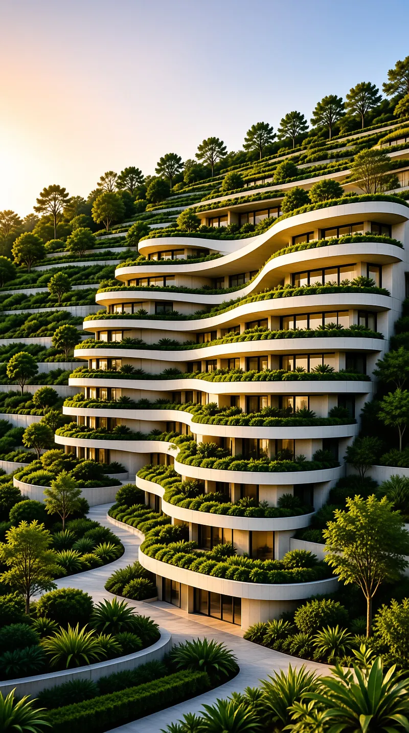 Curved white residential building with green balconies on a terraced hillside during golden sunset.
