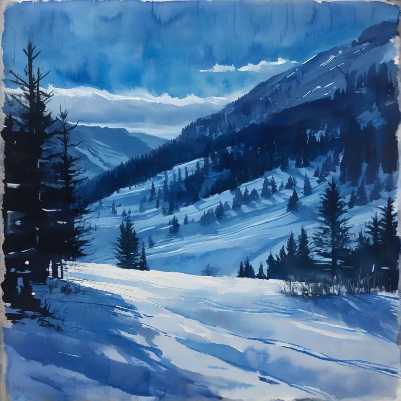 Dark evergreens stand over a snow covered valley rendered in soft watercolor washes of deep winter blue.