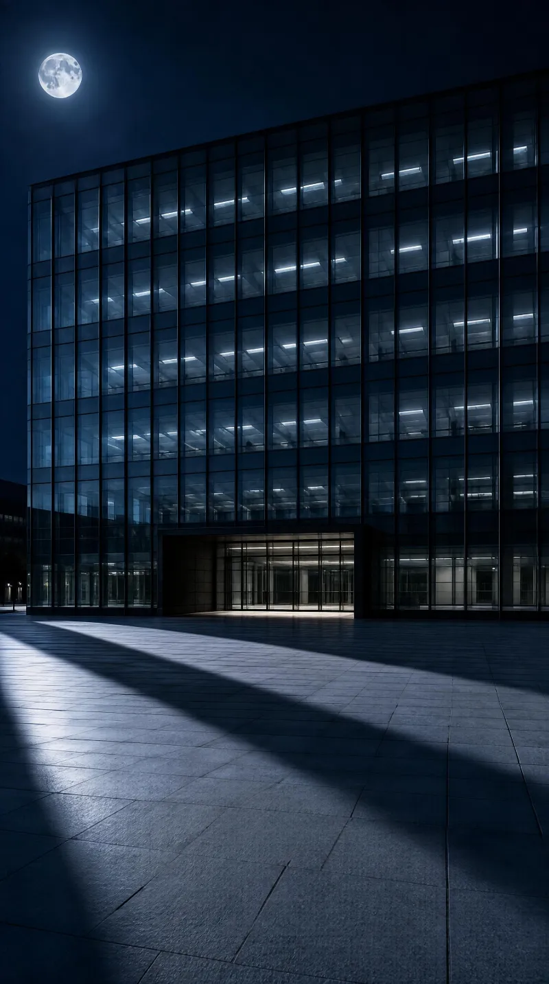 Moonlit Glass Office Facade