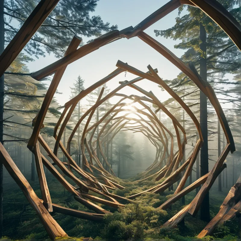 A massive wooden framework twists through a foggy woodland while bright rays illuminate the path ahead.