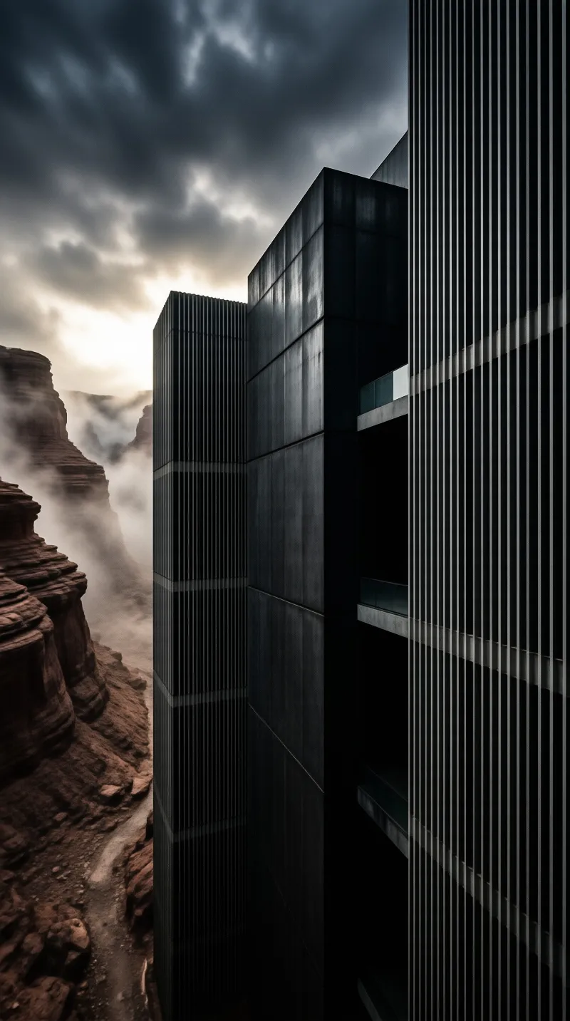 A tall dark building with vertical ribs stands at the edge of a red rock canyon shrouded in drifting mist