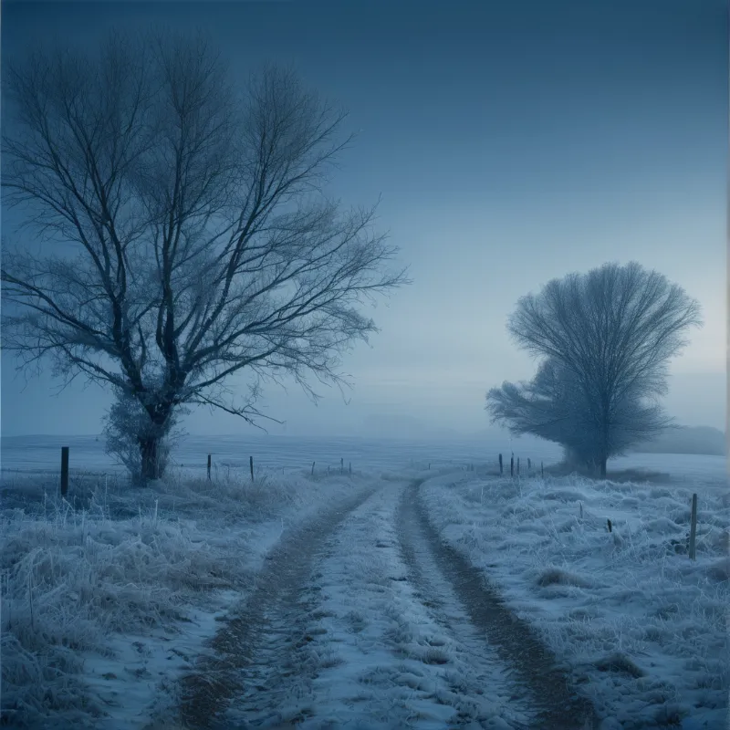 A dirt track cuts through white frost with two bare trees standing on either side under a pale blue sky.