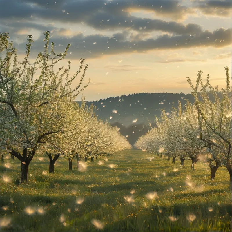 Blooming trees line a grassy field while golden sunlight highlights drifting petals against a cloudy sky and distant hills.