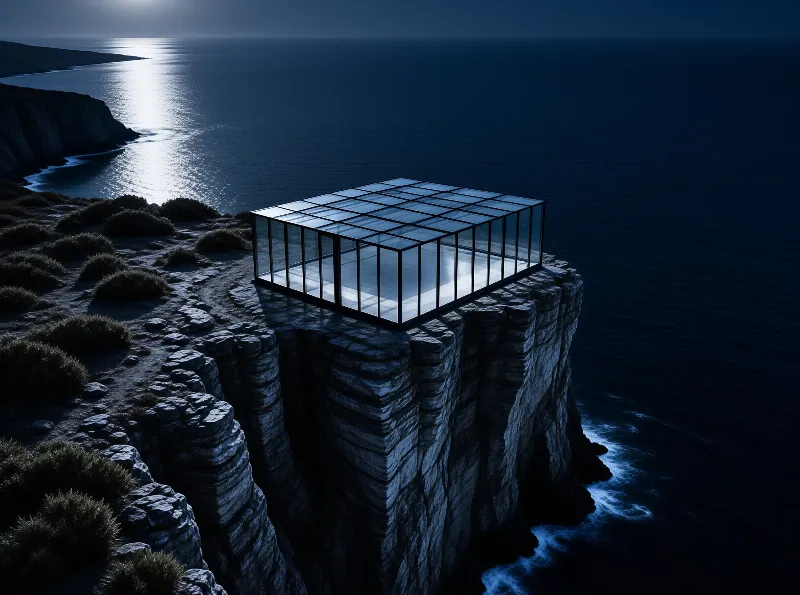 A transparent glass cube stands on a dark cliff above the sea under moonlight with silver reflections on water.