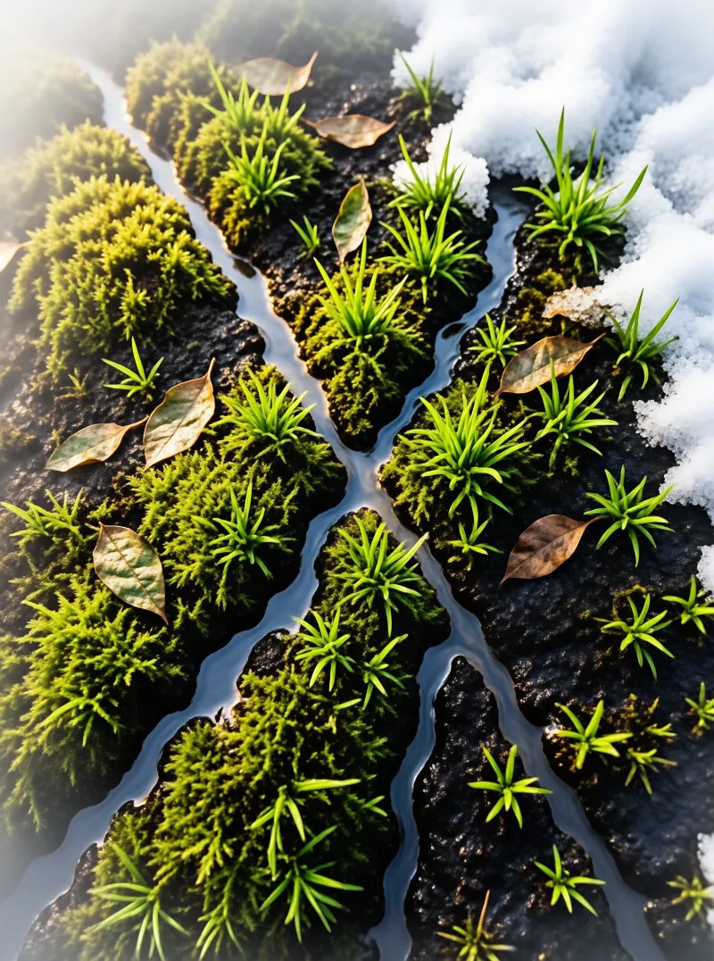 Sunlight illuminates green moss and grass sprouts beside a winding water stream with snow.