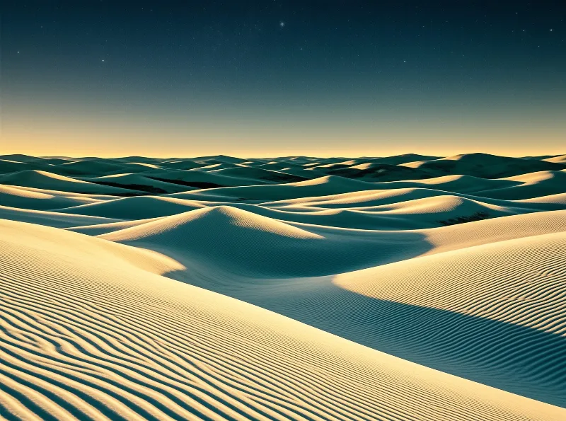 Wind etched sand ridges glow cool silver beneath a deepening night sky pricked with the first bright stars