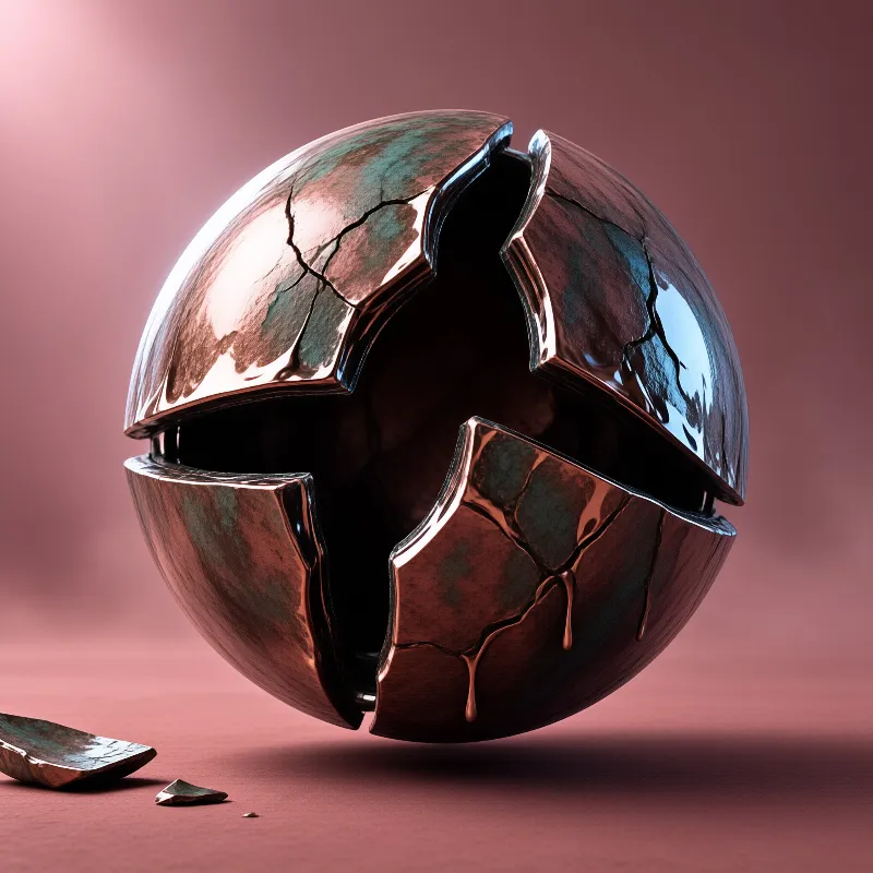 A fractured copper orb with green patina rests on a matte rose surface, its jagged split exposing a dark hollow inside.