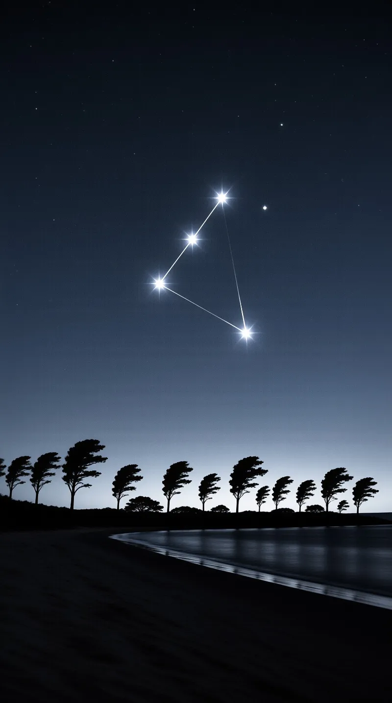 Bright stars connected by lines shine in a deep blue sky above a row of silhouetted trees.