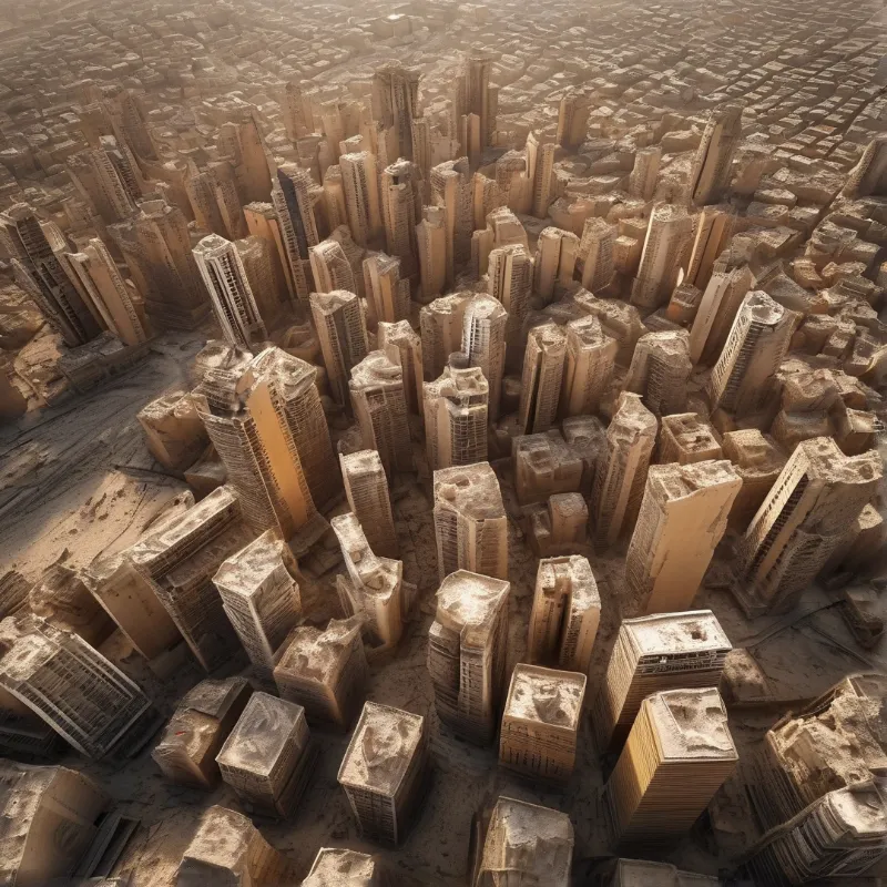 A high angle view of ruined skyscrapers half buried in shifting desert sands under hazy brown light.