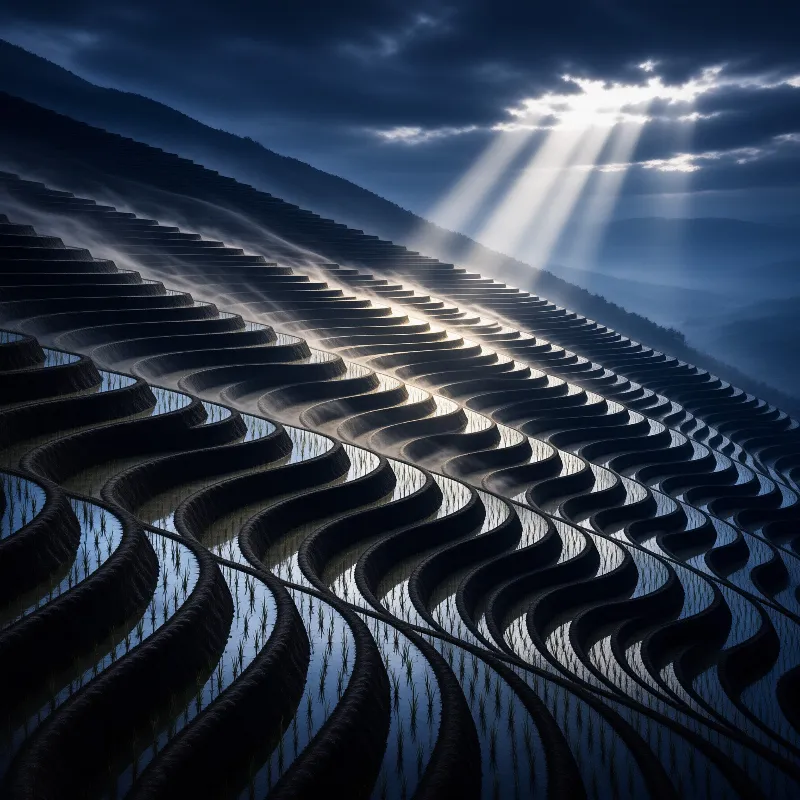 Water filled rice terraces cascade down a mountainside as silver sunbeams pierce heavy blue storm clouds.