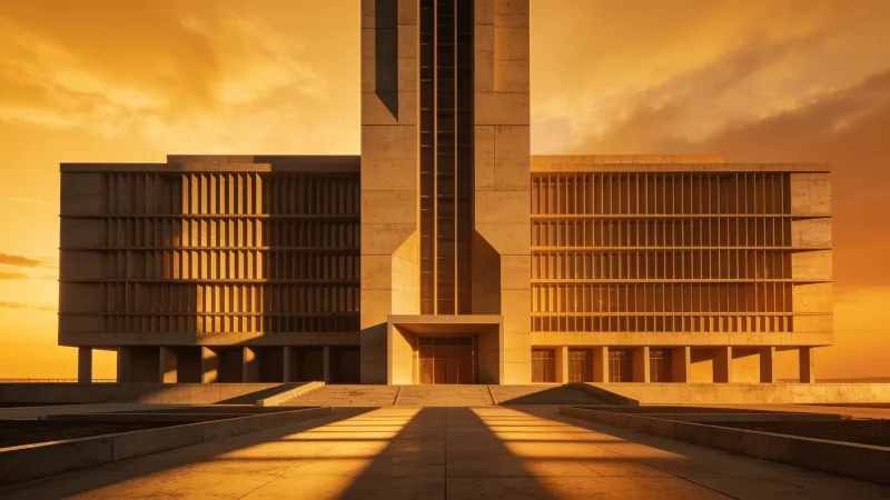 Tower with Brutalist Massing — Golden Sunset