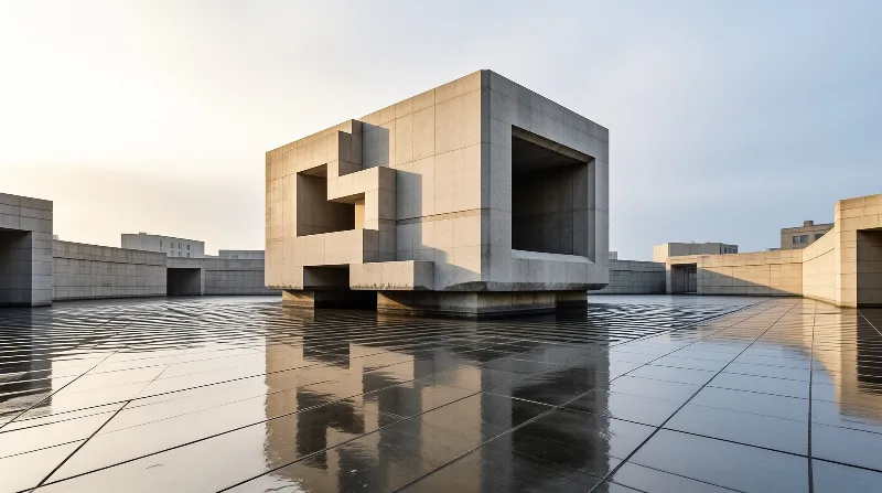 A stark concrete block with rectangular voids stands mirrored in the glossy tiles of an empty plaza.