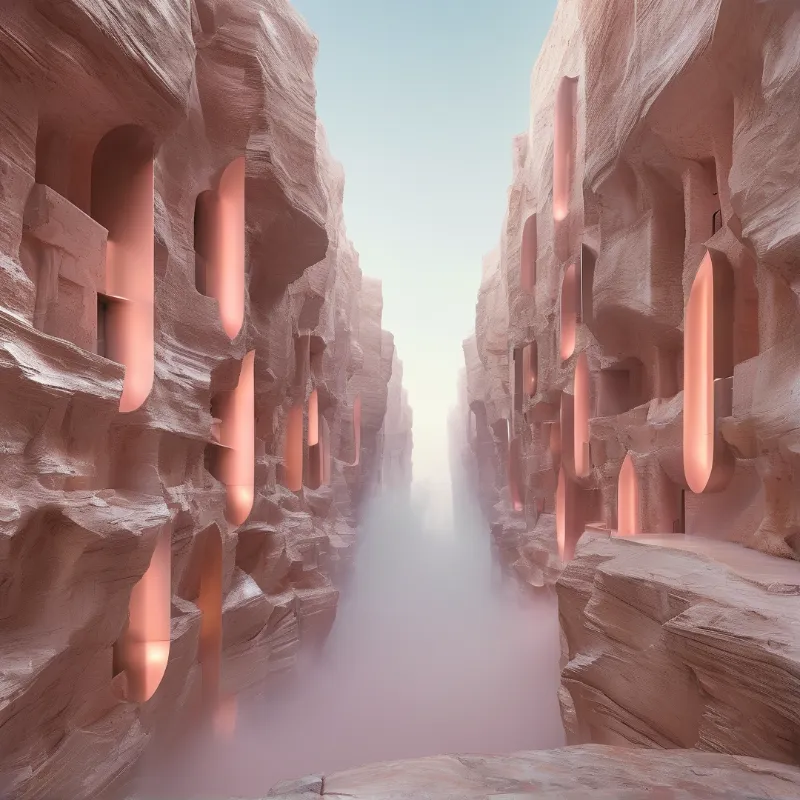 Carved archways line a desert canyon wall, each hollow lit from within by a soft peach glow above the rising fog.