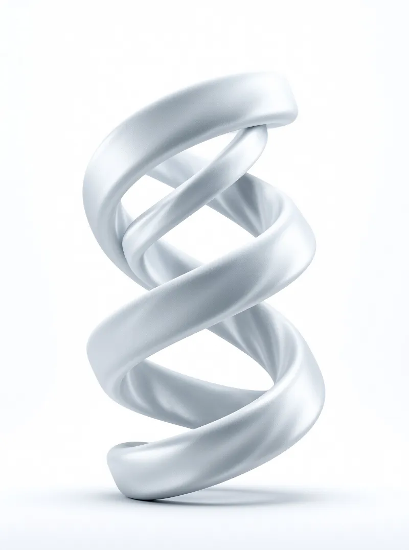 A smooth white helical form stands vertically with soft shadows cast on a seamless light background.