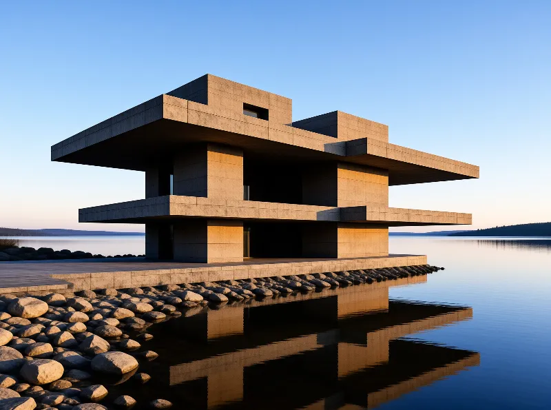 Modern concrete architecture rests on a platform above still water reflecting the warm evening sun.