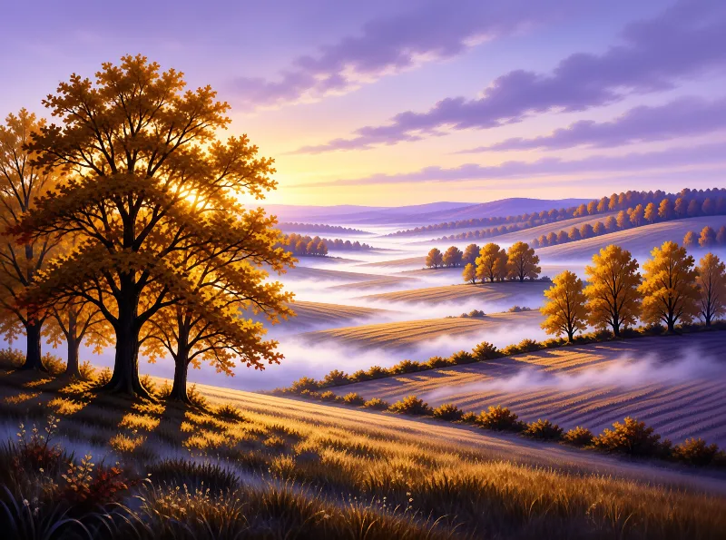 A solitary oak tree with golden foliage overlooks fog-filled valleys beneath a twilight sky.