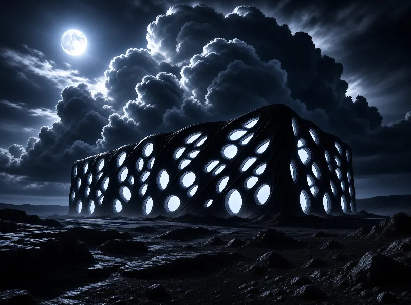 A dark organic structure with luminous oval windows sits on a rocky plain beneath a bright moon.
