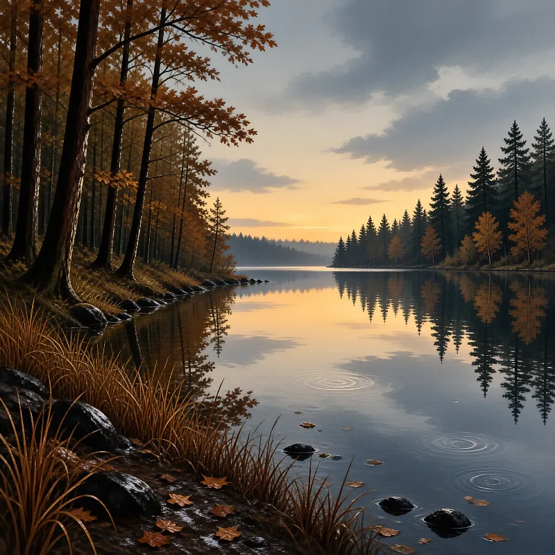 A calm lake mirrors the orange autumn foliage of tall trees along the shore during a soft golden hour.