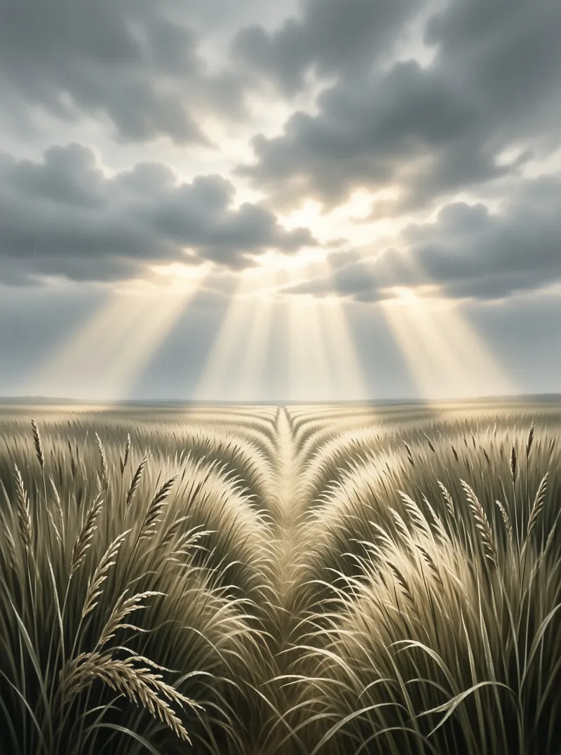 Mature grain rows stretch toward a horizon where bright light cuts through heavy grey clouds.