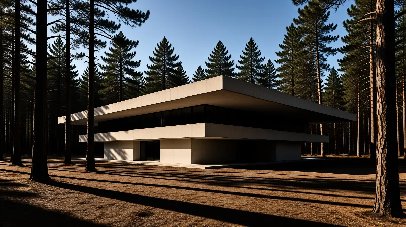 A flat roofed slab of pale concrete floats above glazed walls while pine trunks throw long shadows across dry needles.