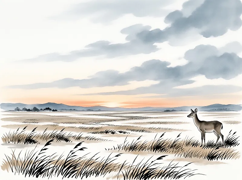 A deer stands on a grassy patch in a vast wetland under a cloudy sky with a glowing orange horizon.