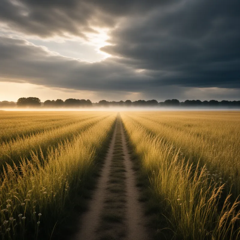 A narrow footpath runs straight toward the horizon of a golden grass field beneath heavy rain clouds split by low sunlight.