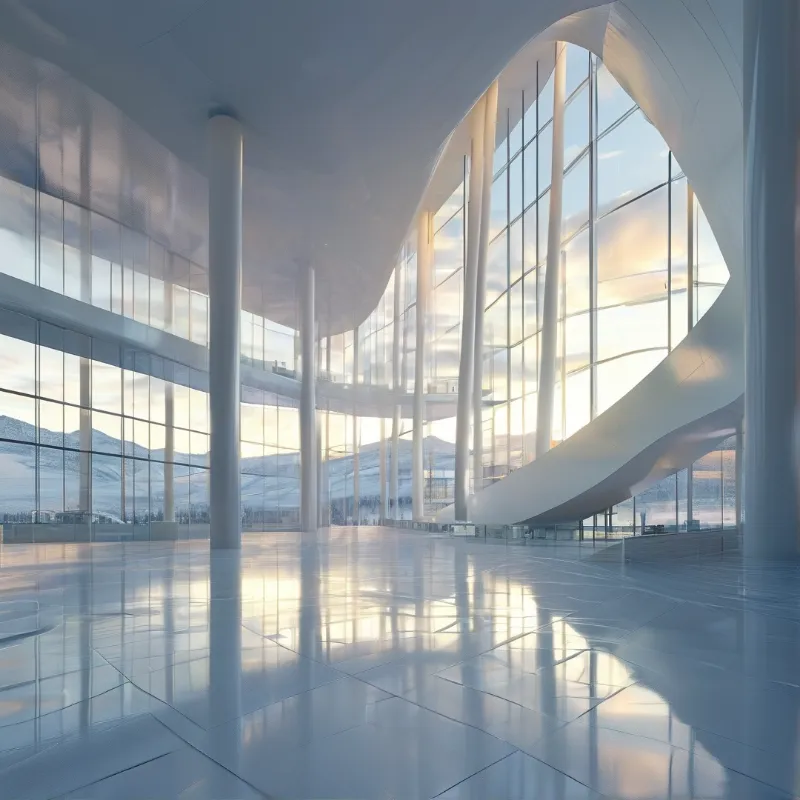Modern glass hall with tall white columns, polished floor, and warm sunlight over snowy mountains.