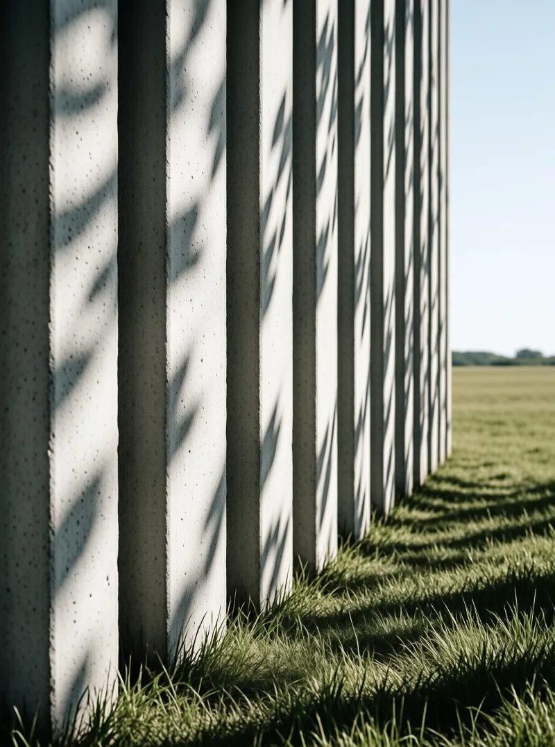 Textured concrete fence posts stand in a grassy field casting sharp diagonal shadows across their surfaces in sunlight.