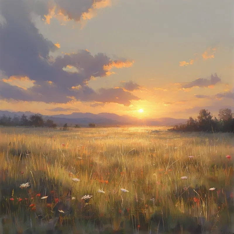 A field of colorful wildflowers stretches toward distant mountains as the sun sets behind a partly cloudy sky.