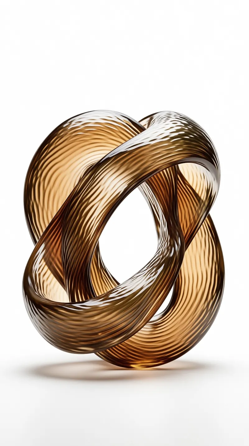 A translucent amber sculpture of interwoven ribbed glass loops floats against a clean white backdrop.