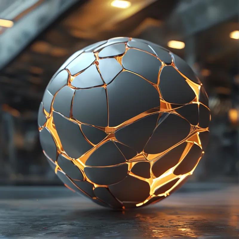 A dark metal sphere laced with bright orange seams glows like molten lava against a softly blurred industrial backdrop