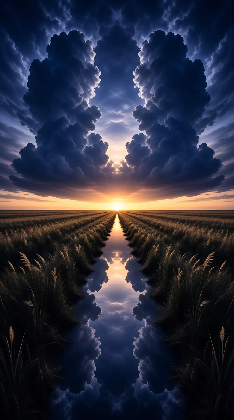 A narrow waterway between dark grasses mirrors the dramatic blue clouds and bright golden horizon.