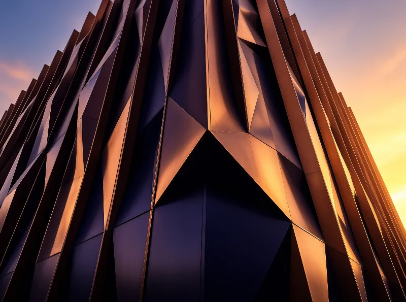 Sharp angular metal panels on a building exterior glow with warm sunlight against a blue sky.