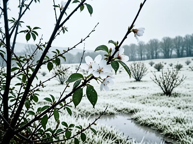 Bright white flowers and wet green leaves stand out against a misty winter landscape covered in frost.