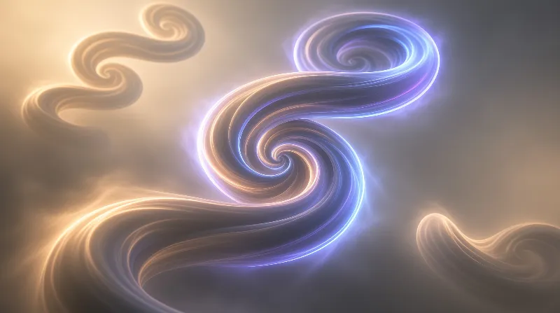 Luminous vapor spirals curve across a hazy field blending warm amber tones with cool indigo light.