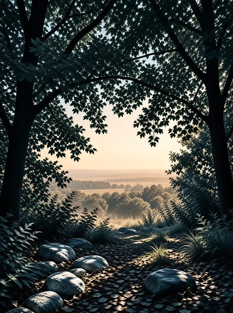 Misty Forest Path at Sunrise