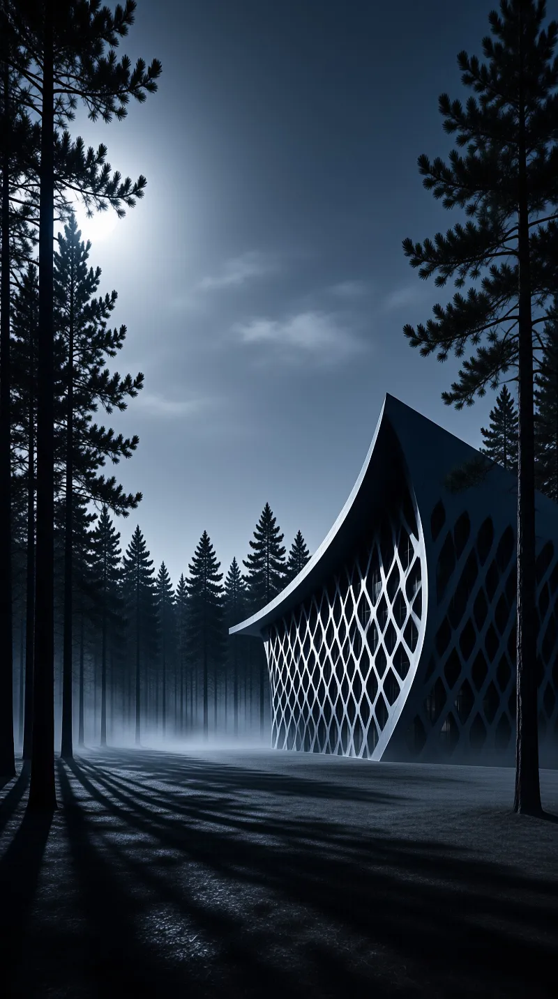 A futuristic building with a diamond mesh facade stands amidst tall pine trees during a foggy blue hour.