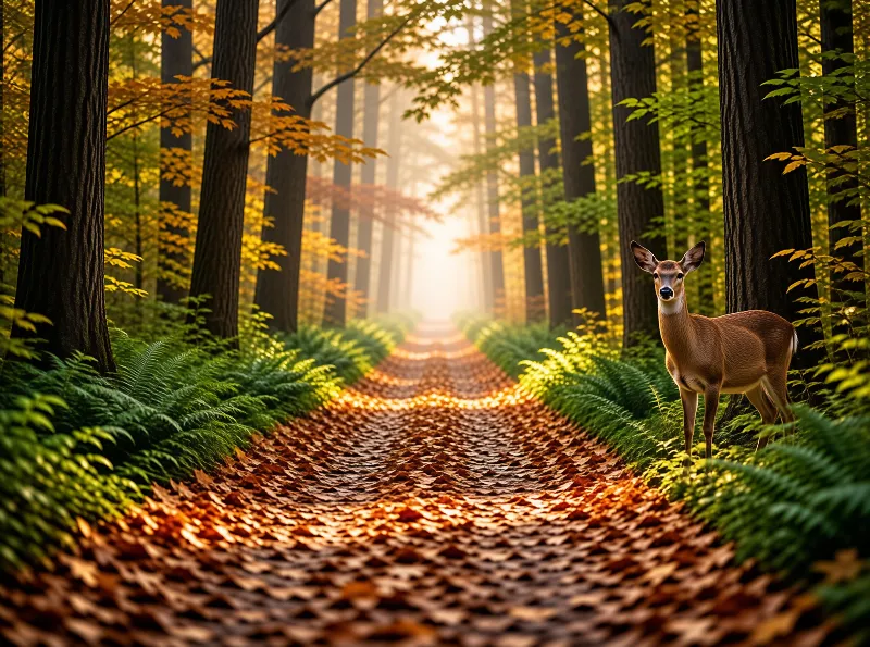 A deer stands on a leaf covered forest path where golden sunlight filters through tall trees and mist.
