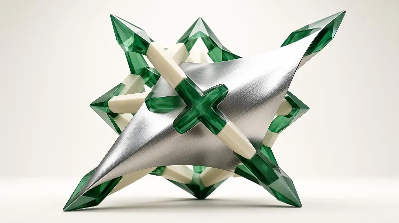 An abstract sculpture interlaces faceted emerald points with a brushed metallic star on a pale backdrop