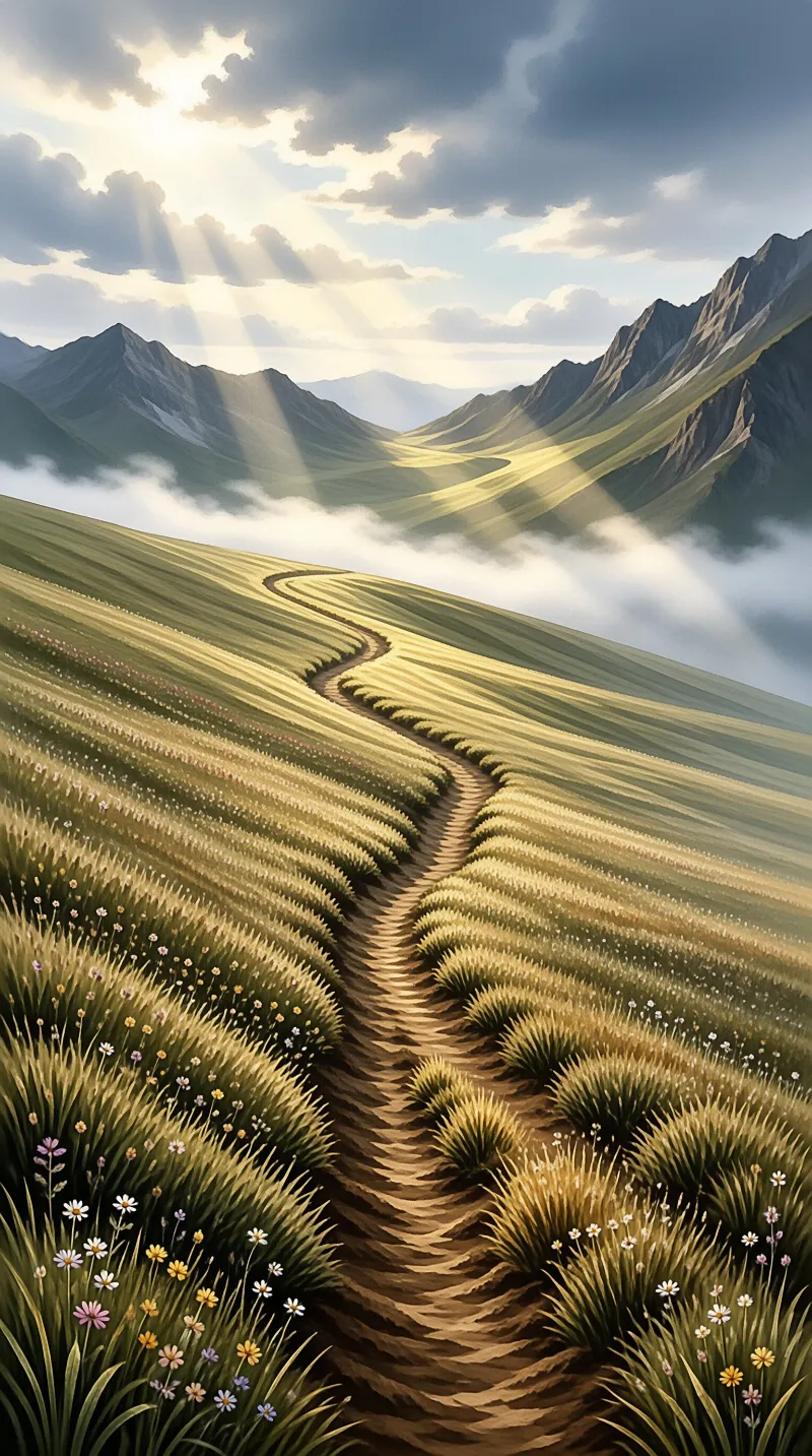 A dirt path winds through grassy hills dotted with flowers towards mountains lit by sunbeams breaking through clouds.
